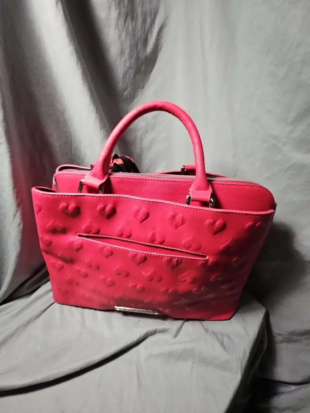 Betsey Johnson Hot Pink Satchel with Embossed Hearts and Lips Print Scarf